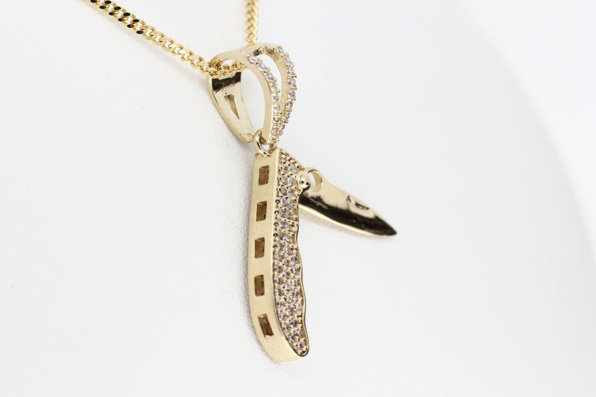 Yellow Gold Pocket Knife Pendant Set With Crystals